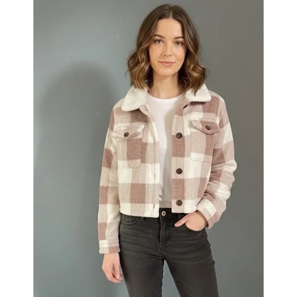 SHEIN Plaid Fuzzy Cropped Jacket Shirt Womens XS Brown White Button Up